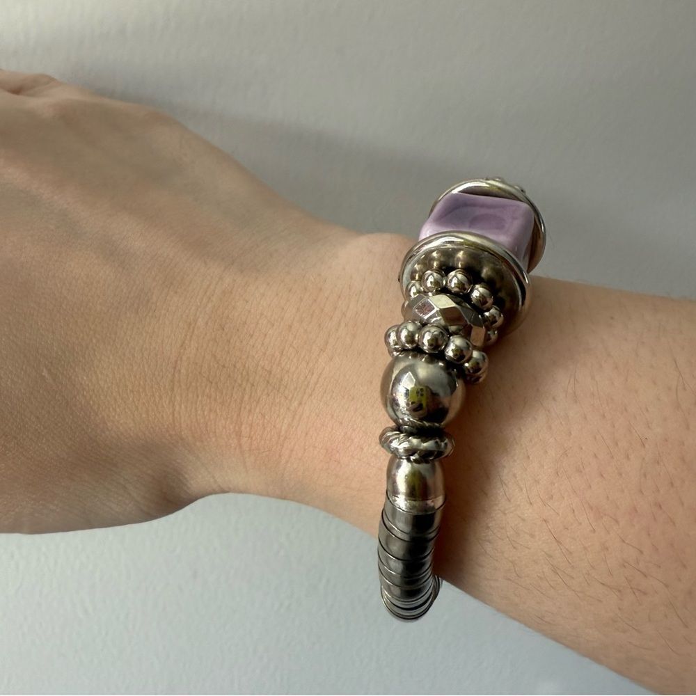 Chunky Silver-Tone Stretch Bracelet with Purple Bead